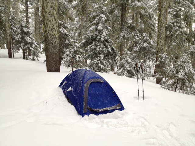 Deep snow and sub freezing temperatures in Oregon's Mt. Hood National Forest, elevation 4300'